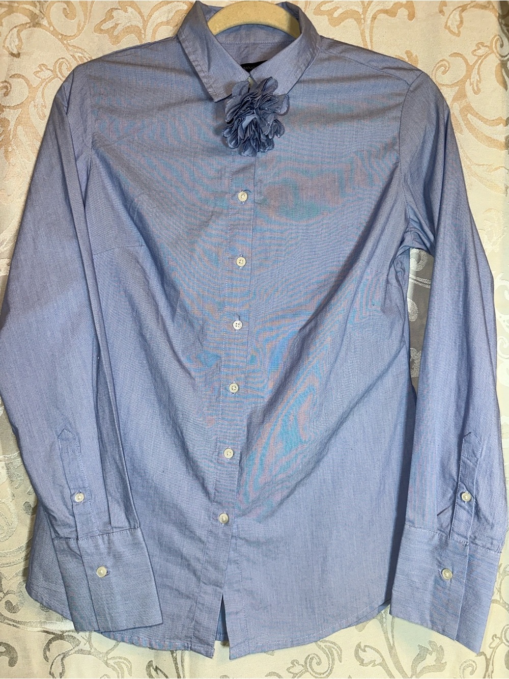 Banana Republic Women's Blue Button-Up Shirt with Fabric Flower